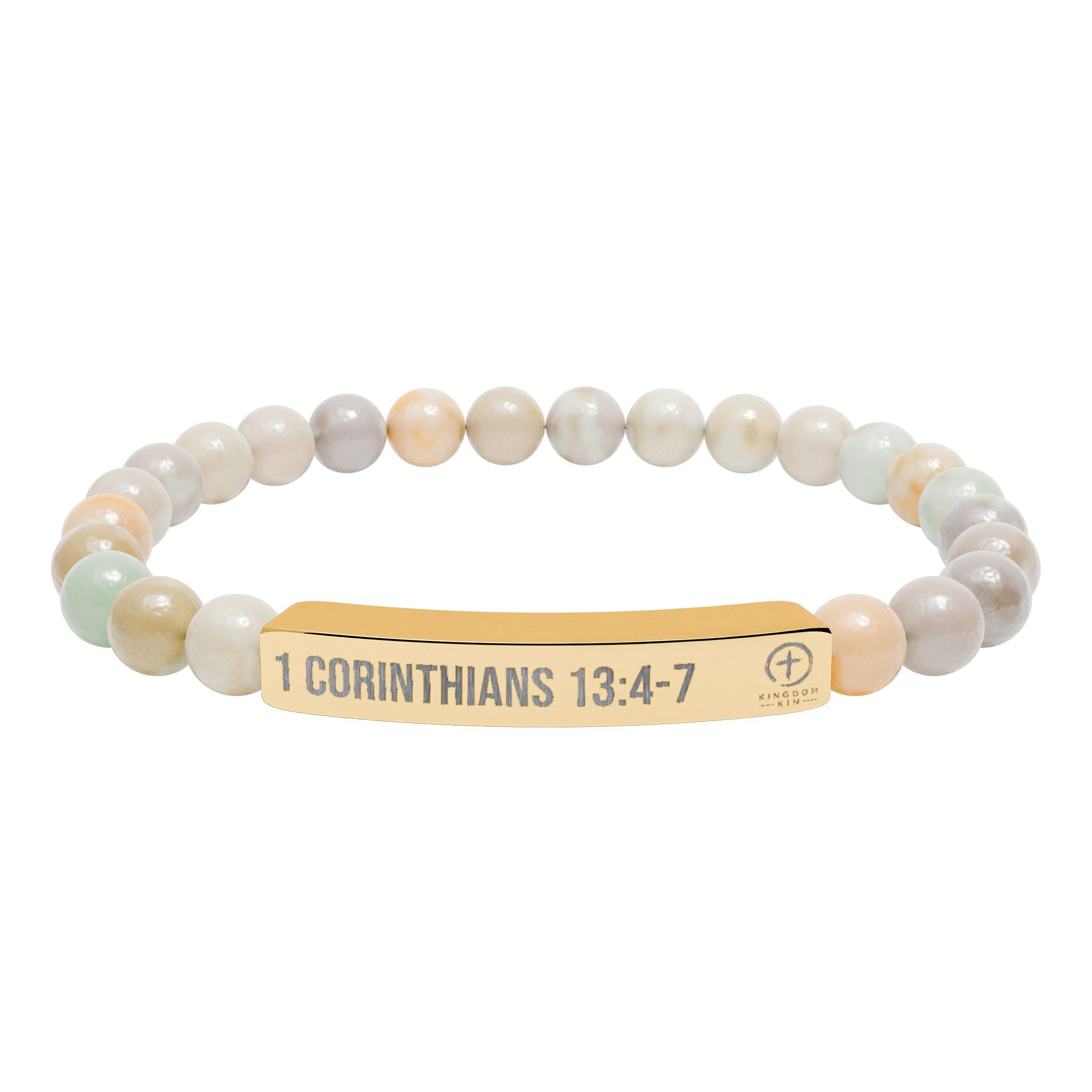 Engraved Natural Stone Stretch Bar Bracelet — "1 Corinthians 13:4-7" "LOVE"